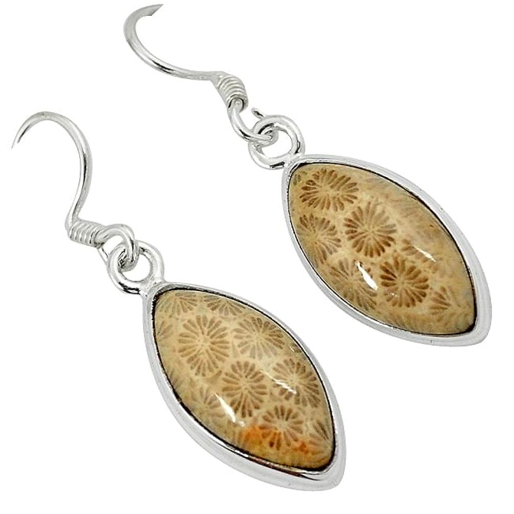 925 silver black fossil coral (agatized) petoskey stone dangle earrings k14312