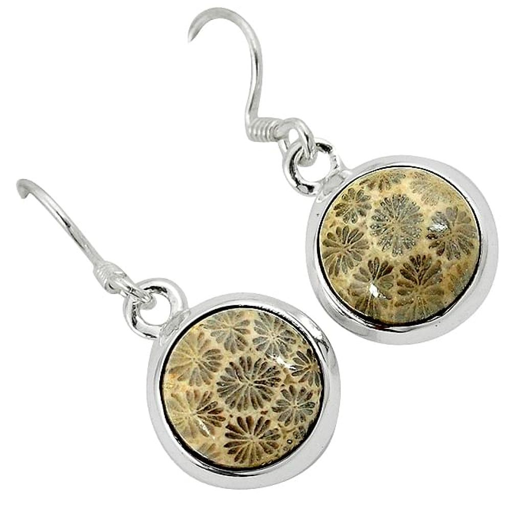 Black fossil coral (agatized) petoskey stone 925 silver dangle earrings k14313