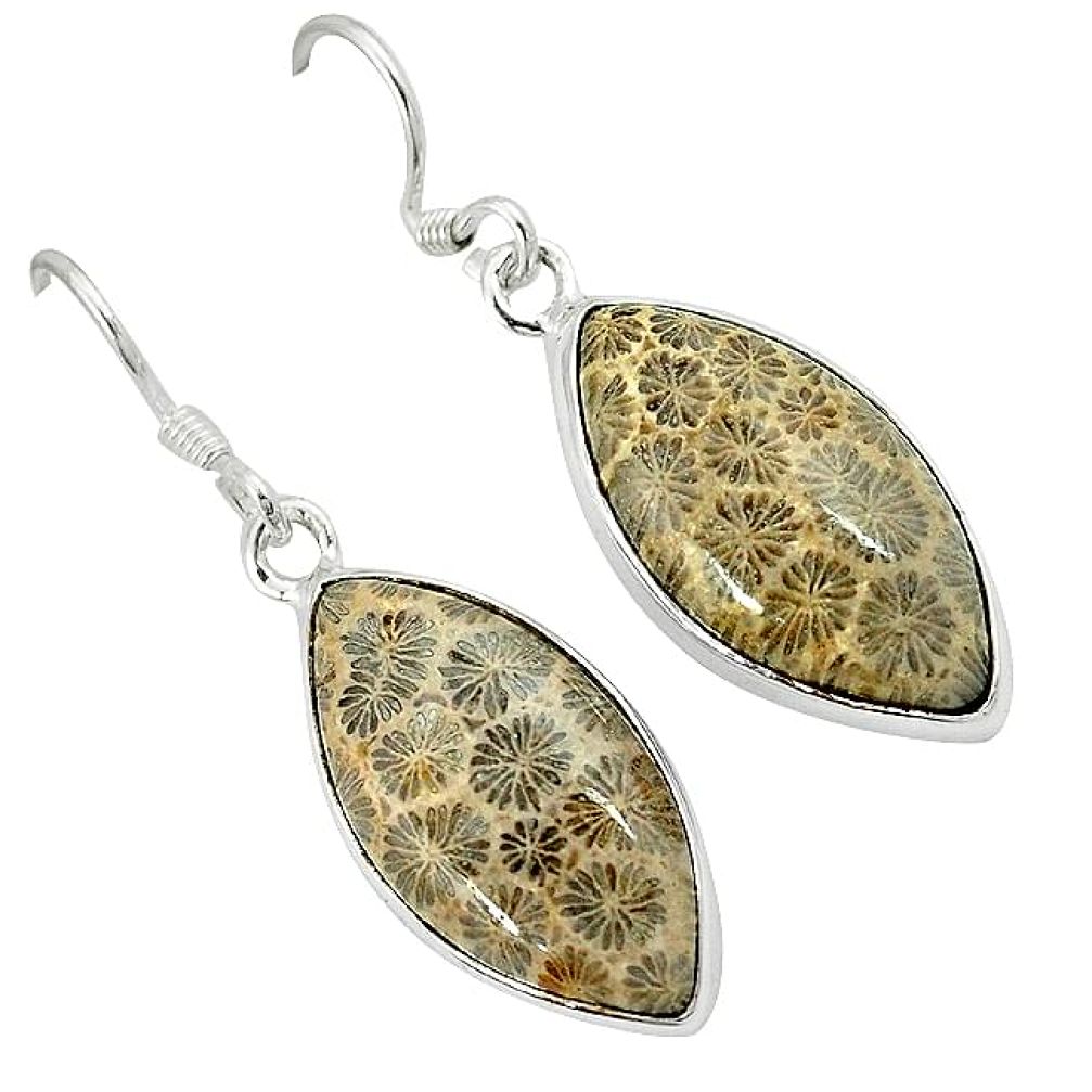 Black fossil coral (agatized) petoskey stone 925 silver dangle earrings k14316