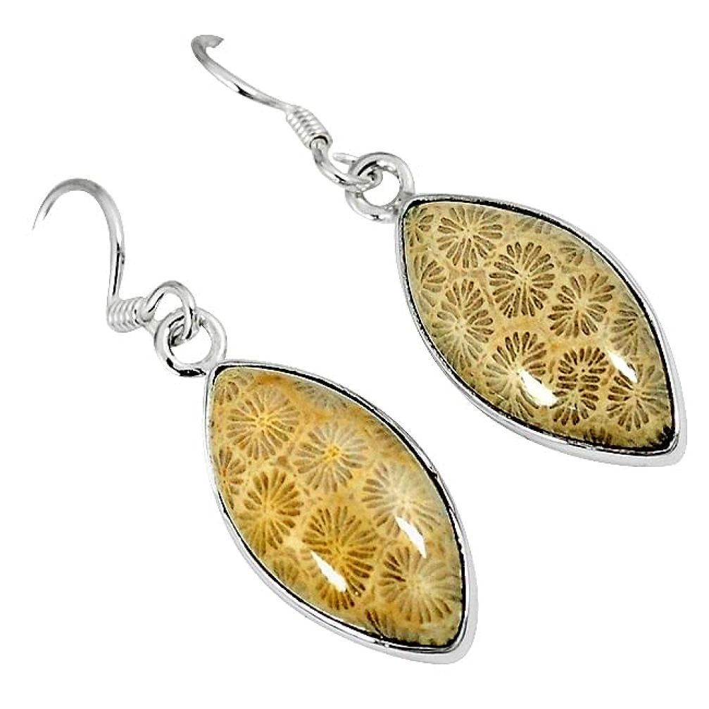 Natural brown fossil coral (agatized) petoskey stone 925 silver earrings k16501