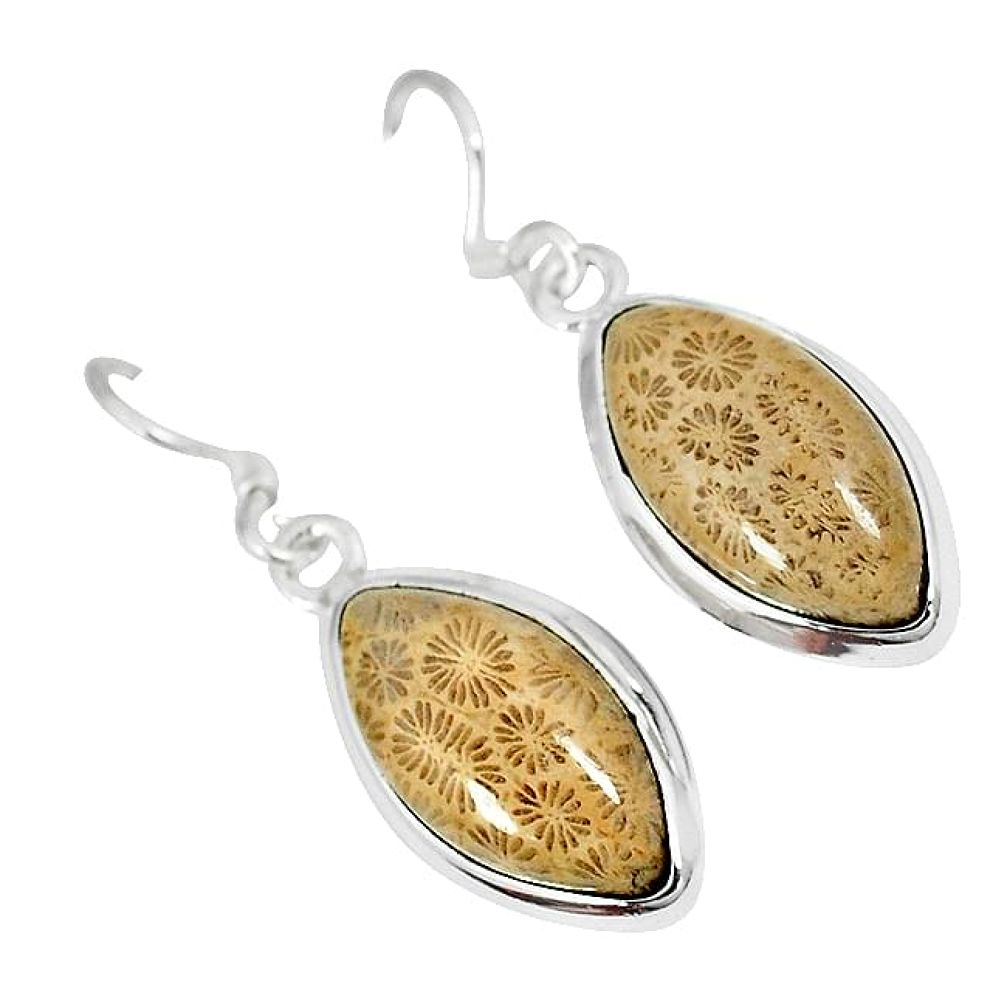 Natural brown fossil coral (agatized) petoskey stone 925 silver earrings k16502