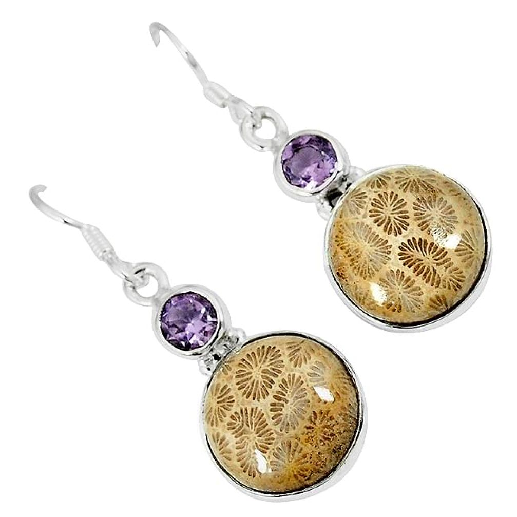 Natural brown fossil coral (agatized) petoskey stone 925 silver earrings k16504