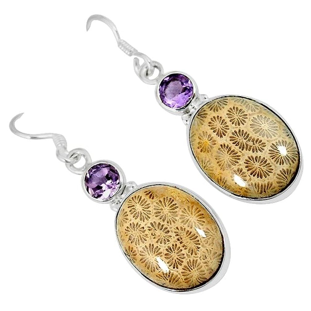 Natural brown fossil coral (agatized) petoskey stone 925 silver earrings k16505