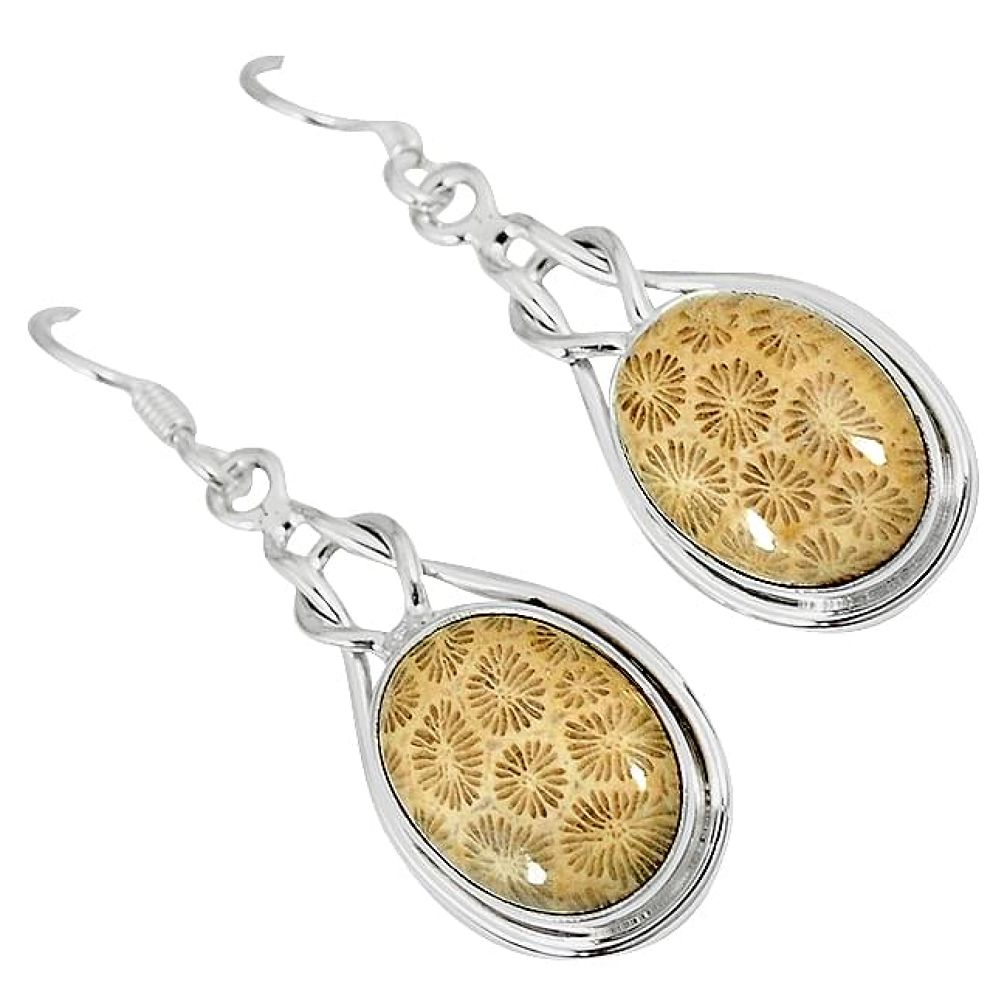 925 silver natural brown fossil coral (agatized) petoskey stone earrings k16506