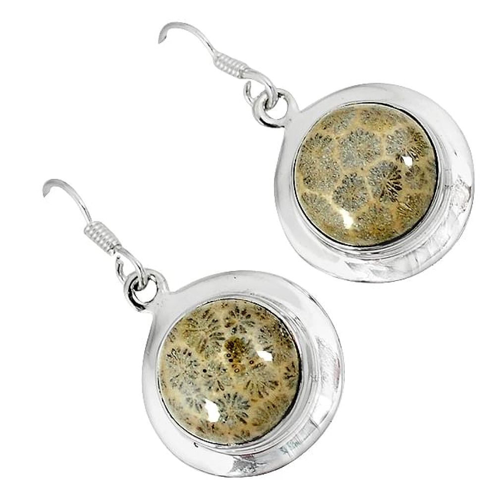 Natural brown fossil coral (agatized) petoskey stone 925 silver earrings k16508