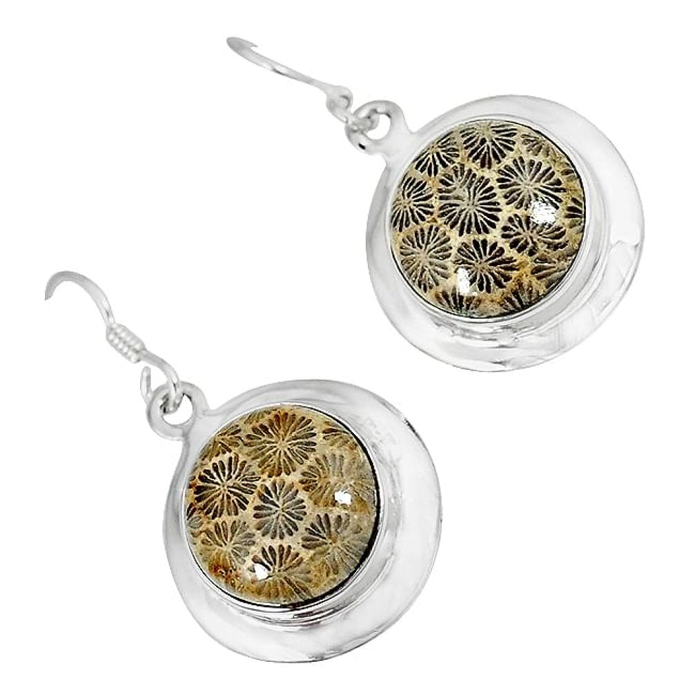 Natural brown fossil coral (agatized) petoskey stone 925 silver earrings k16509