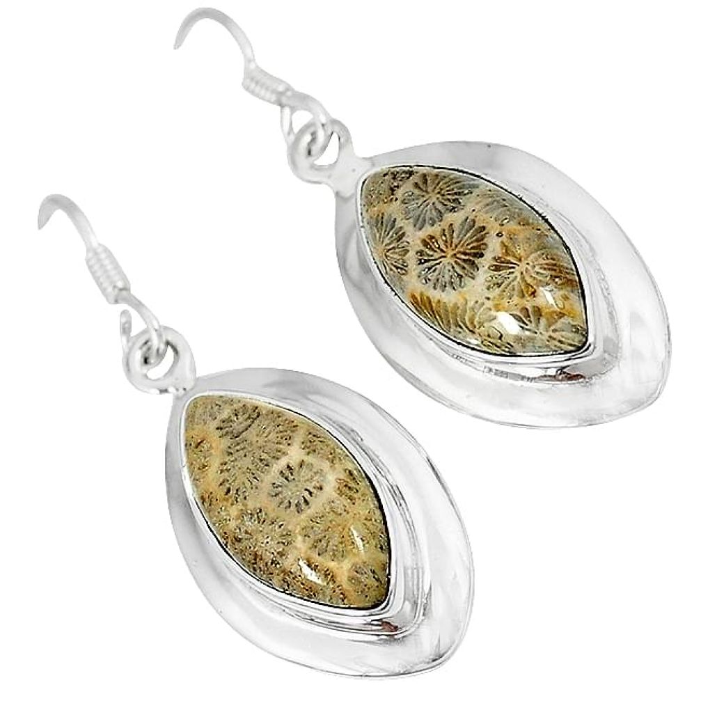 Natural brown fossil coral (agatized) petoskey stone 925 silver earrings k16510