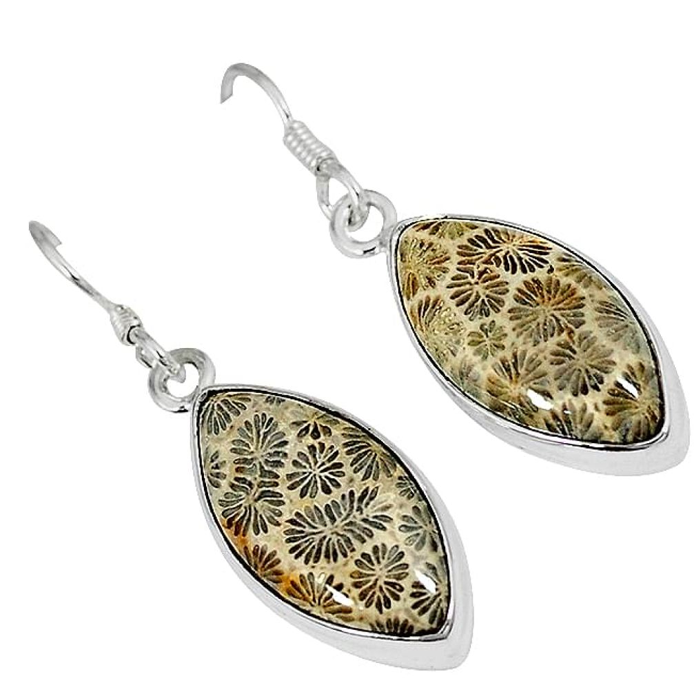 Natural brown fossil coral (agatized) petoskey stone 925 silver earrings k16512