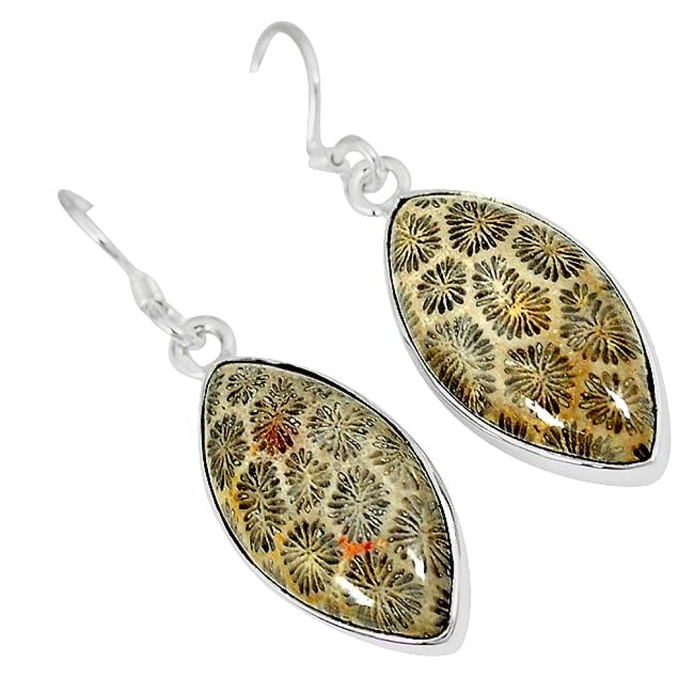 Natural brown fossil coral (agatized) petoskey stone 925 silver earrings k16513
