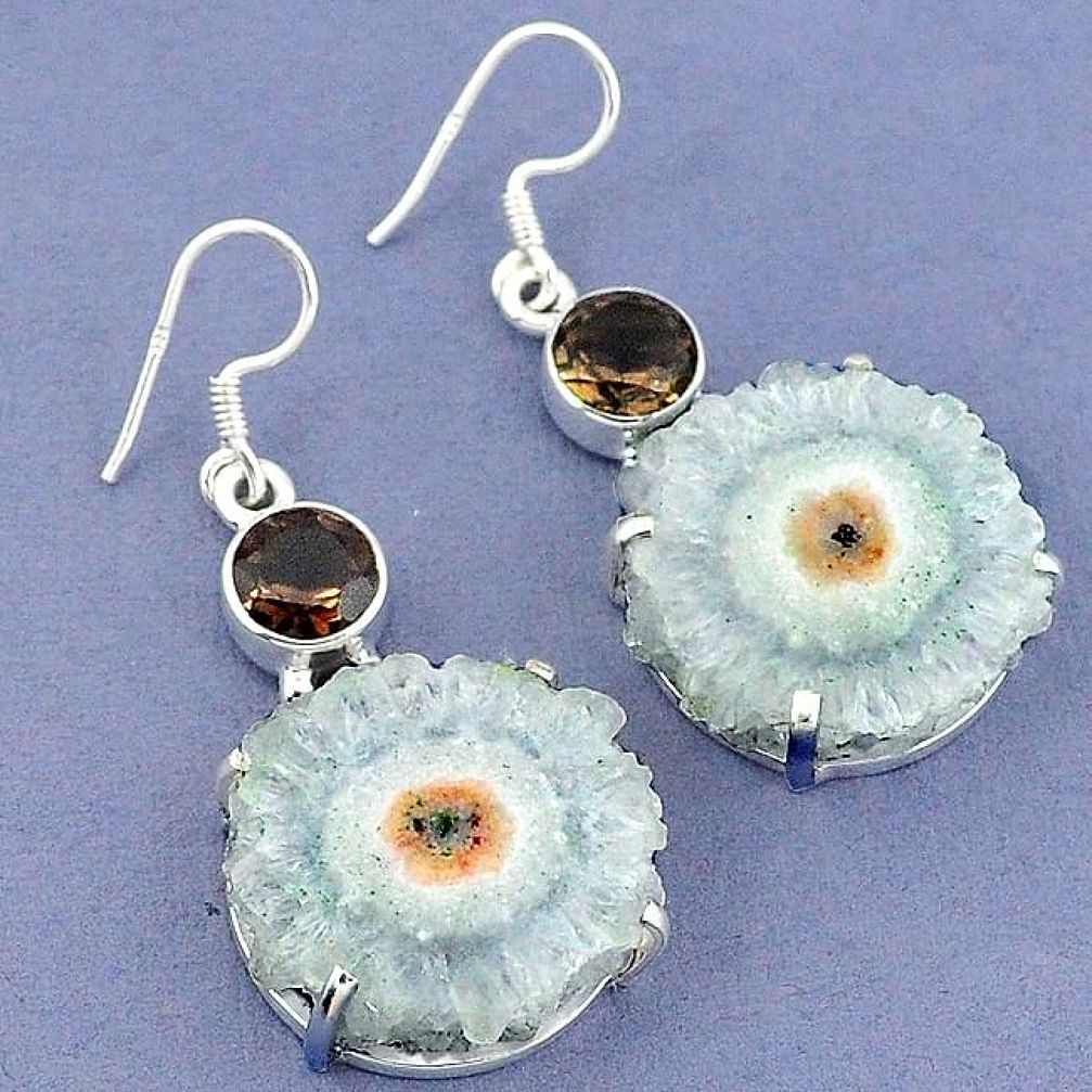 Natural white solar eye fancy smoky topaz 925 silver dangle earrings k23587