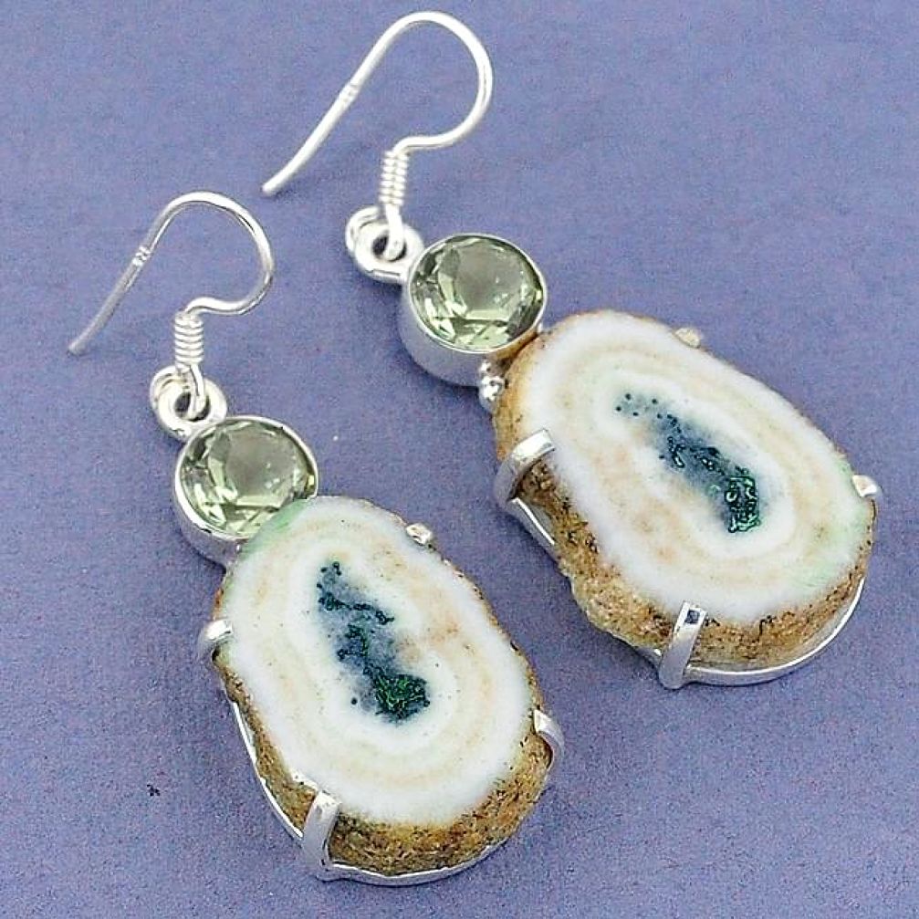 Natural white solar eye green amethyst 925 silver dangle earrings jewelry k23591