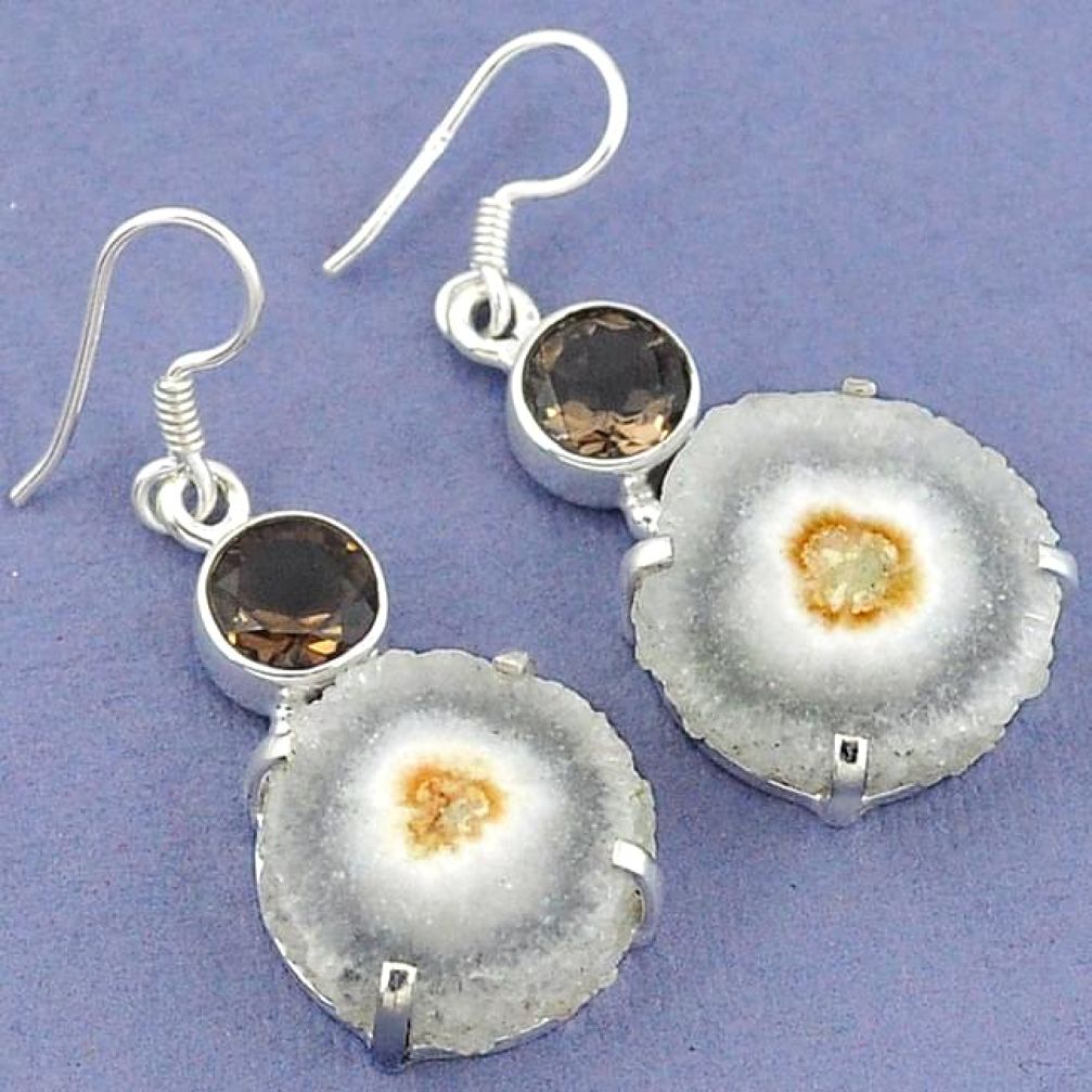 Natural white solar eye smoky topaz 925 silver dangle earrings jewelry k23593