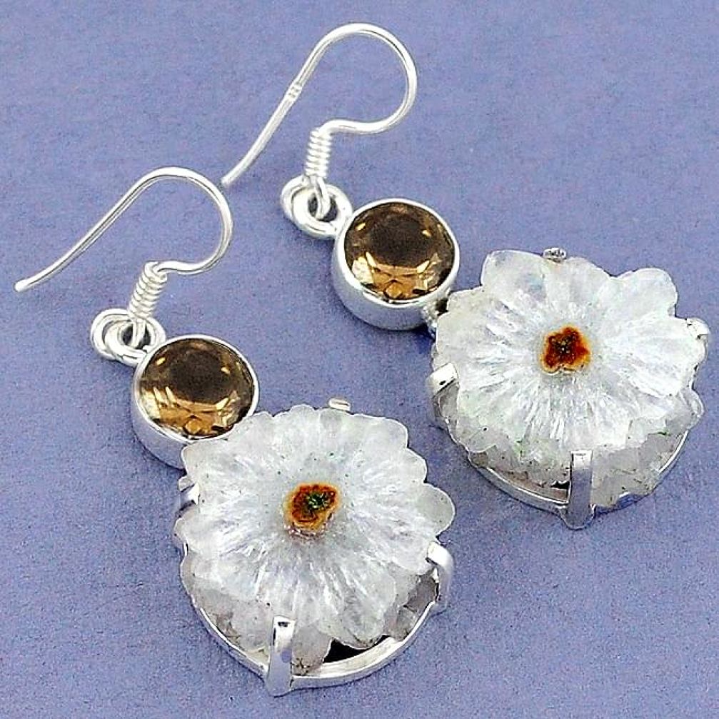 Natural white solar eye brown smoky topaz 925 silver dangle earrings k23596