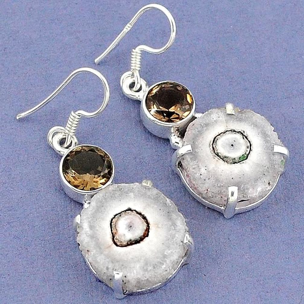 Natural white solar eye smoky topaz 925 silver dangle earrings jewelry k23597