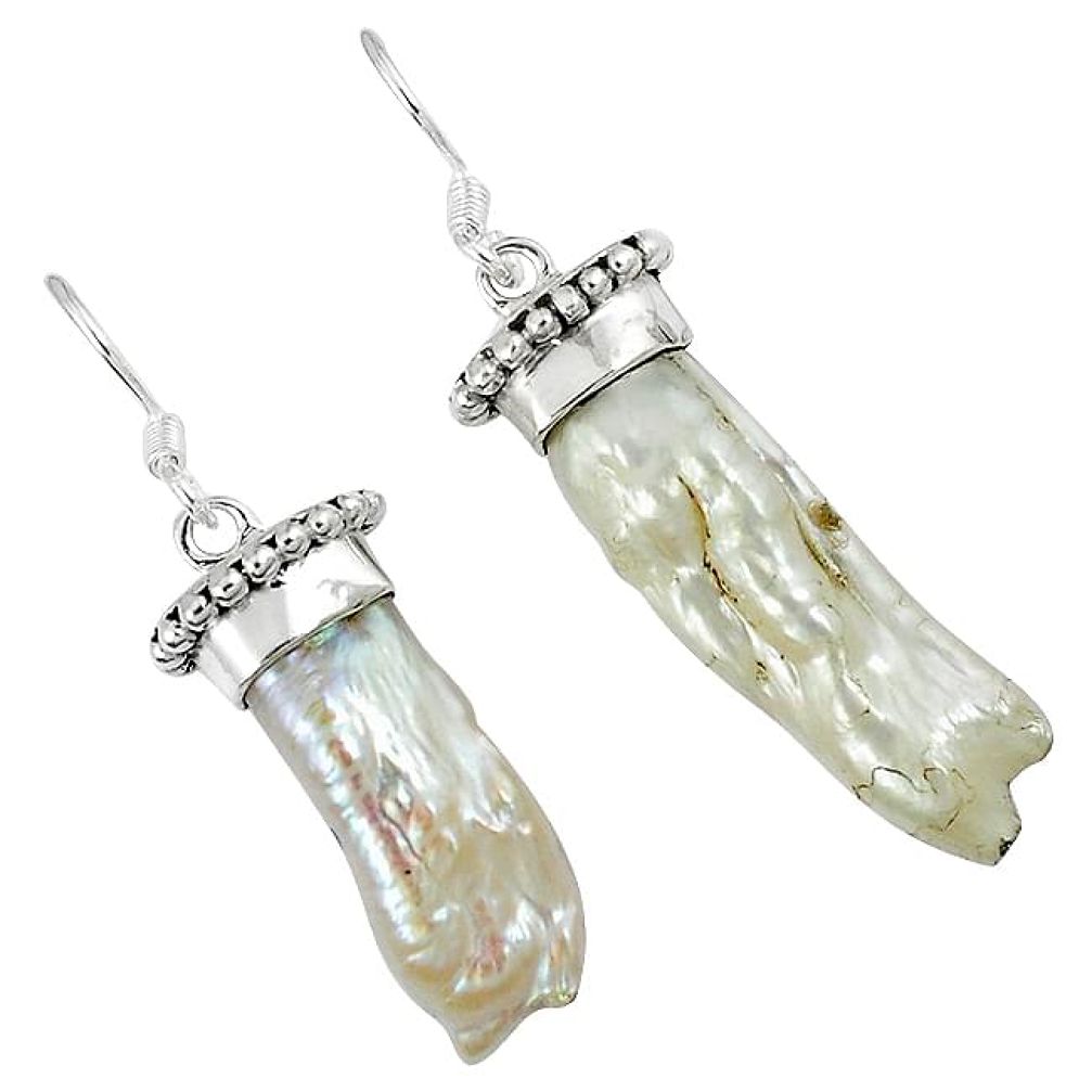 Natural white biwa pearl 925 sterling silver dangle earrings jewelry k25145