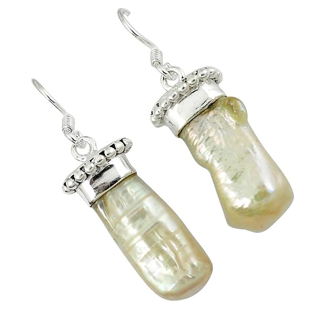 Natural white biwa pearl 925 sterling silver dangle earrings jewelry k25154