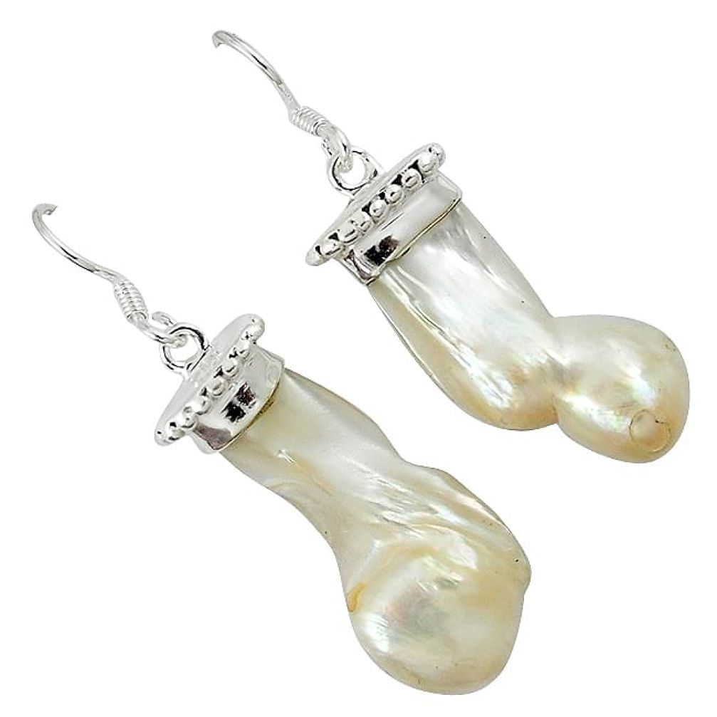 Natural white biwa pearl 925 sterling silver dangle earrings jewelry k25160