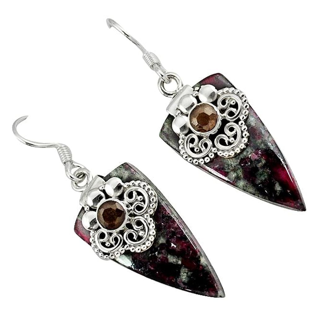 Natural pink eudialyte brown smoky topaz 925 silver dangle earrings k28086