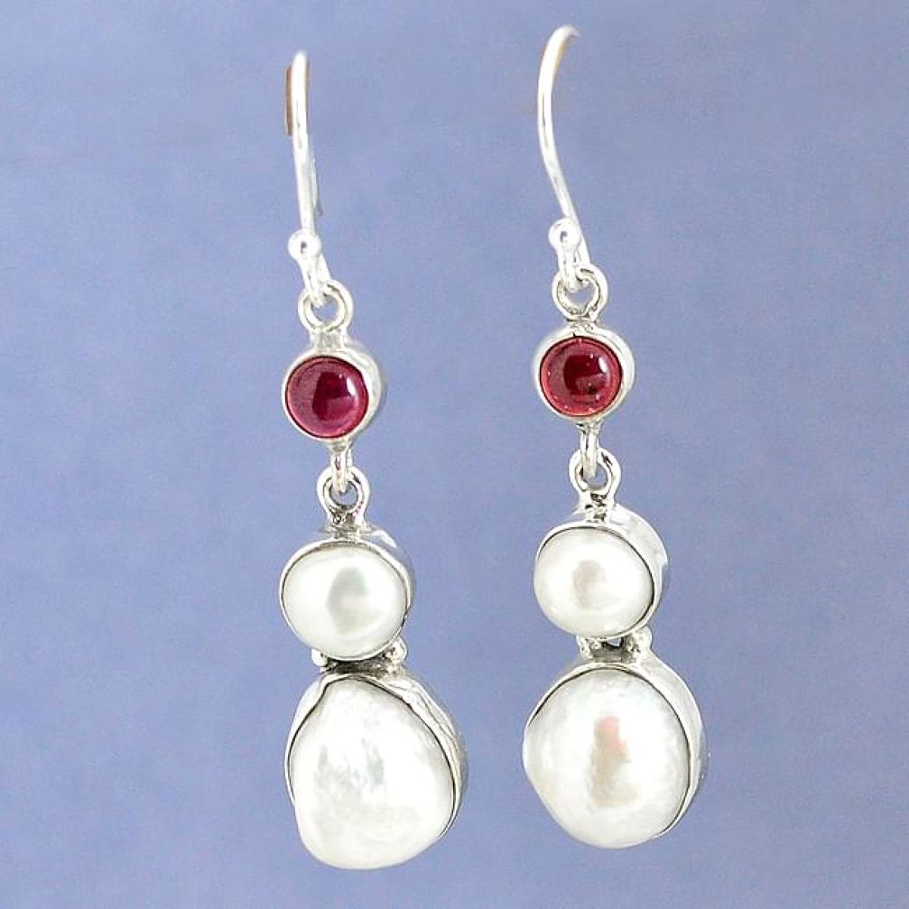 Natural white biwa pearl red garnet 925 silver dangle earrings jewelry k39820