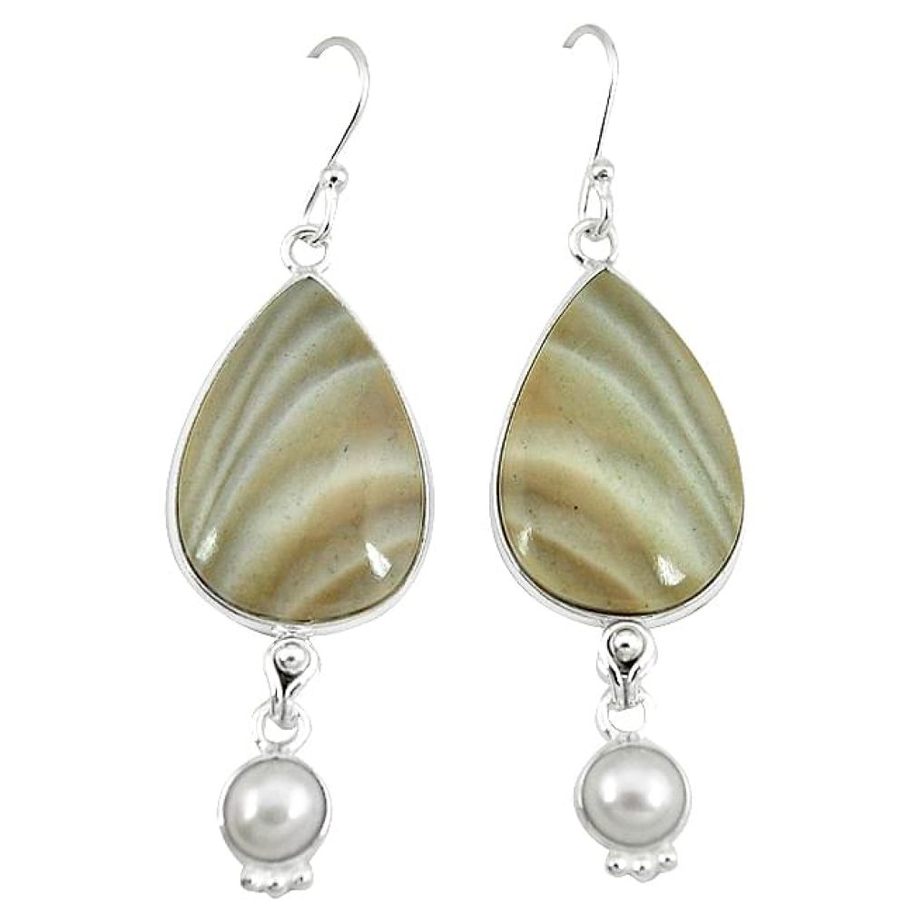 Natural grey striped flint ohio white pearl 925 silver dangle earrings k45246