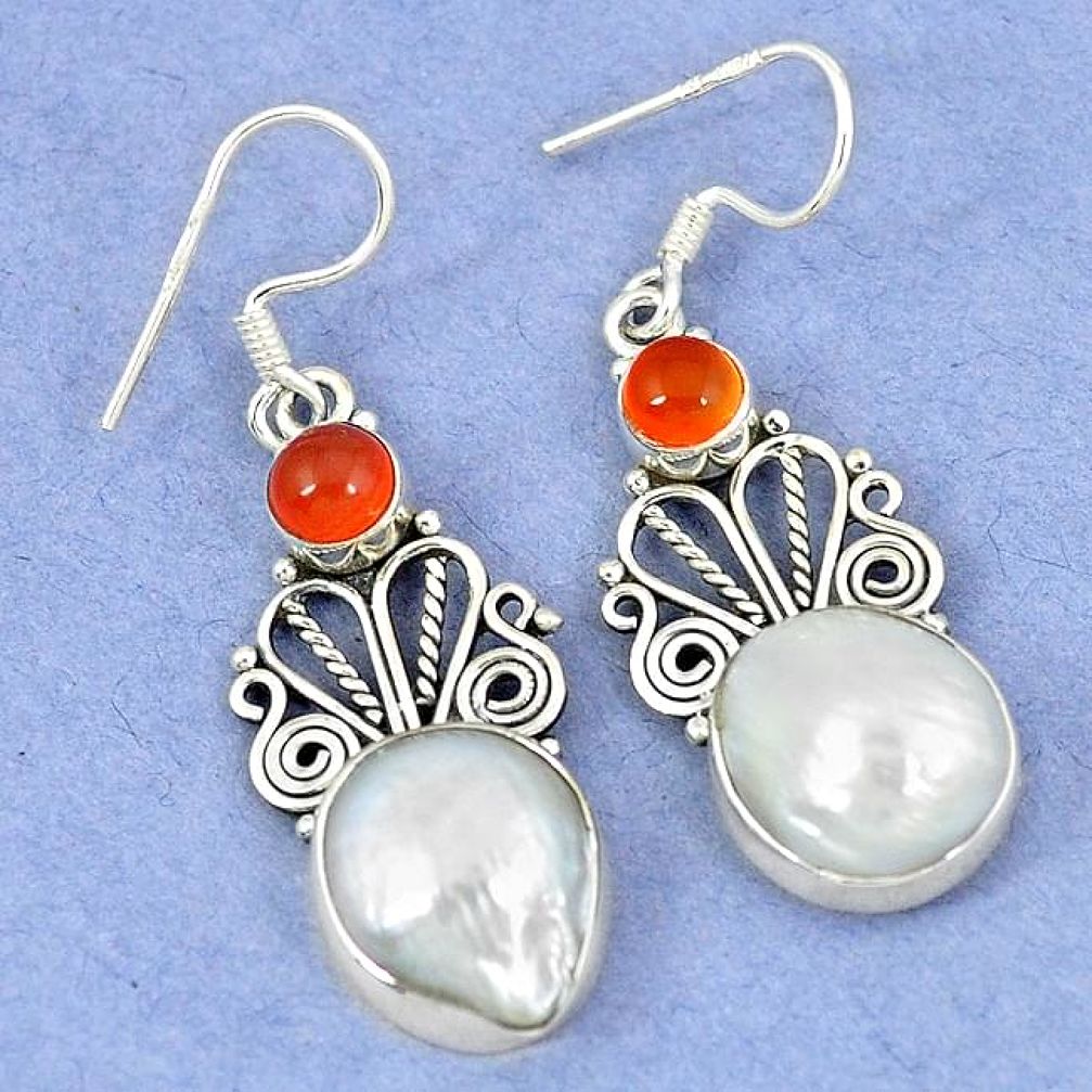 Natural white biwa pearl cornelian (carnelian) 925 silver dangle earrings k45583