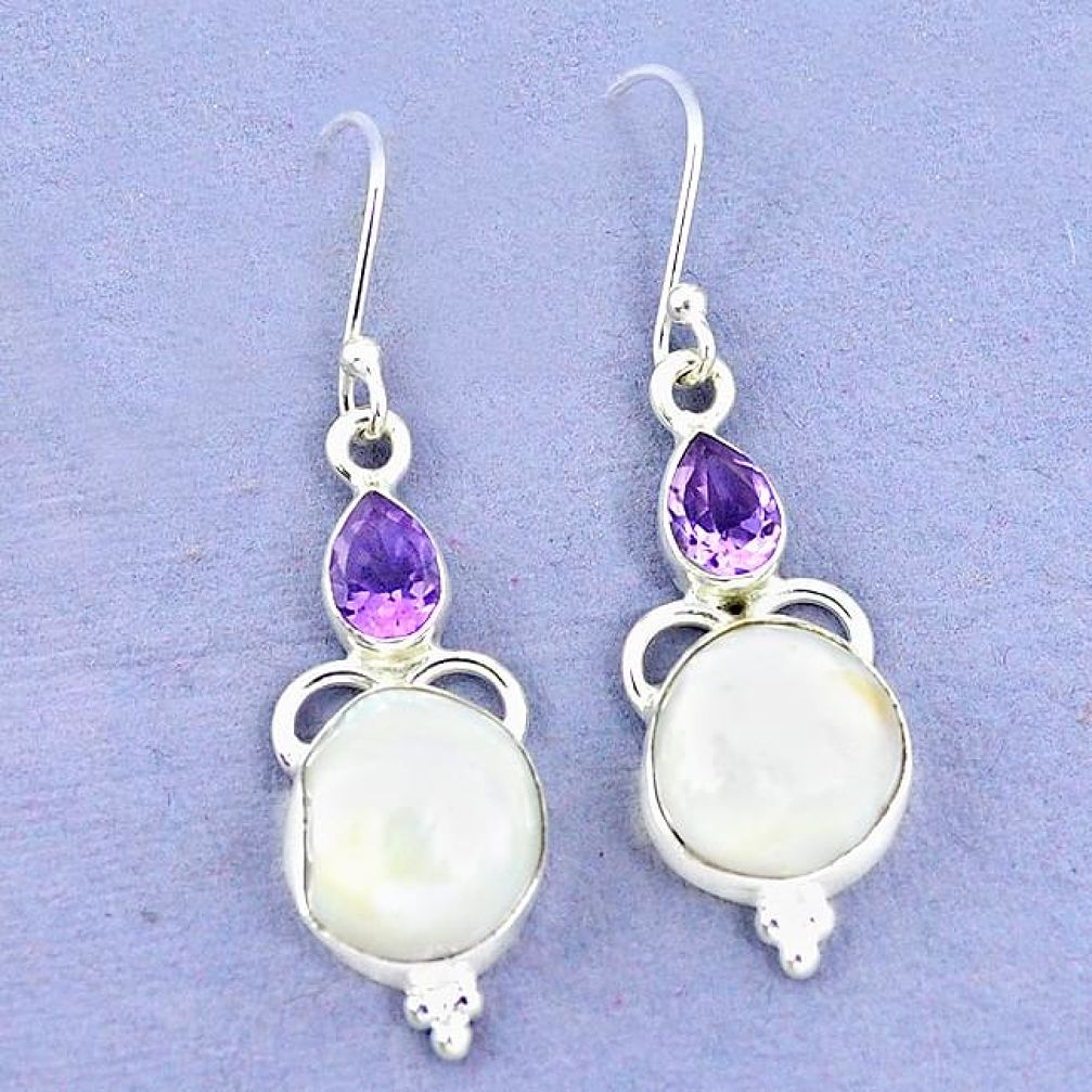 Natural white biwa pearl amethyst 925 silver dangle earrings jewelry k49159