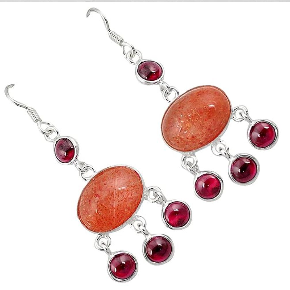 Natural orange sunstone (hematite feldspar) garnet 925 silver earrings k5223