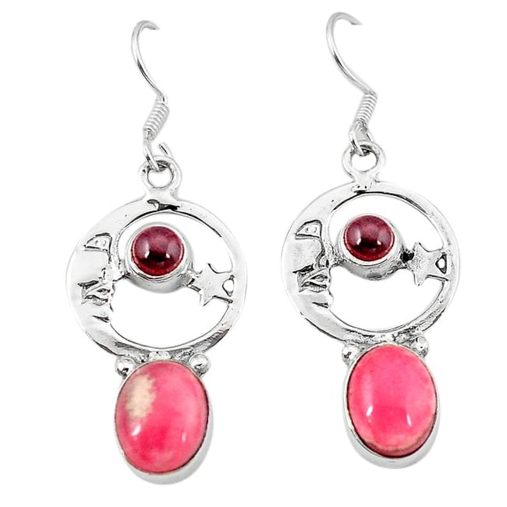 Pink rhodochrosite inca rose 925 silver crescent moon star earrings k62010