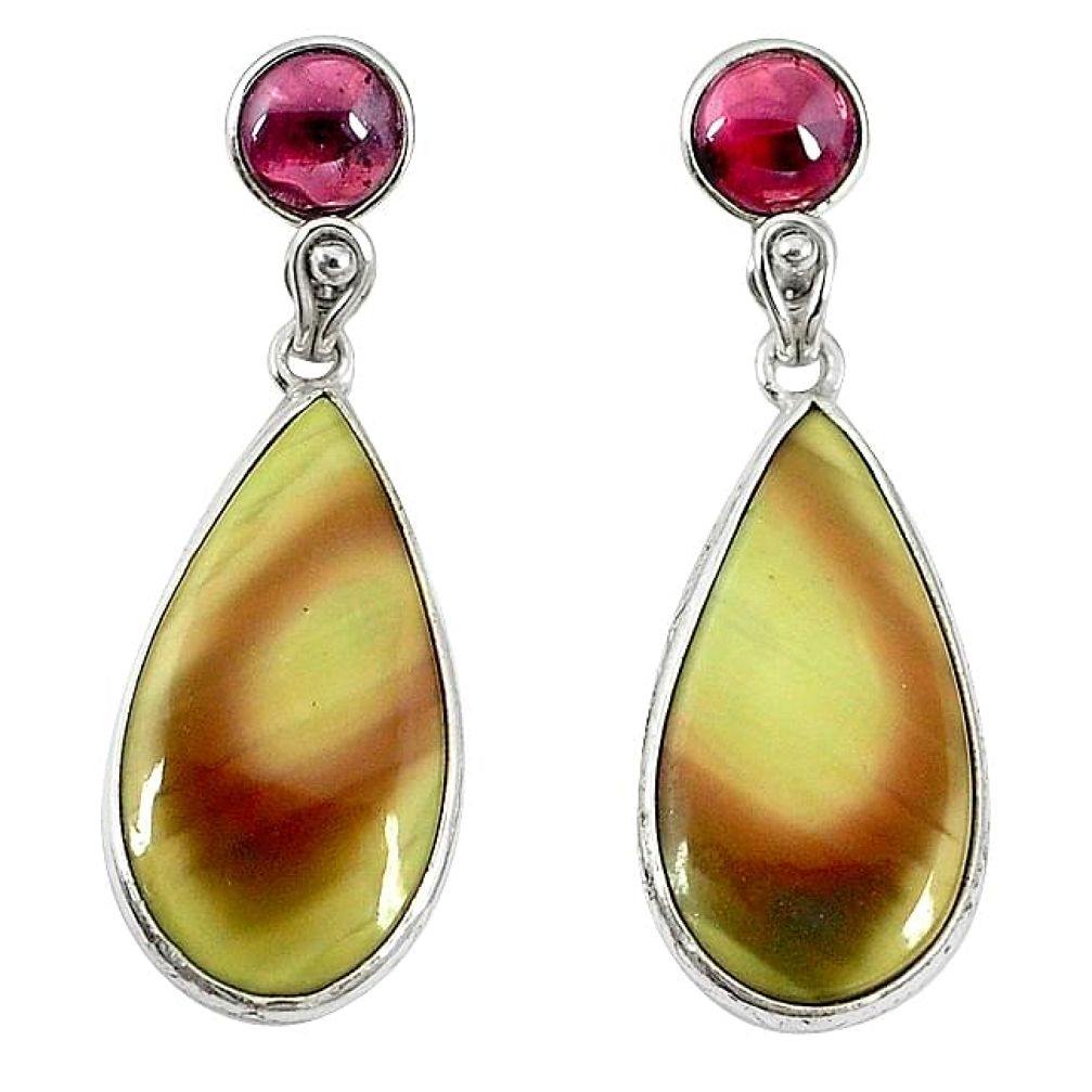 Clearance-Natural green imperial jasper red garnet 925 silver dangle earrings k76135