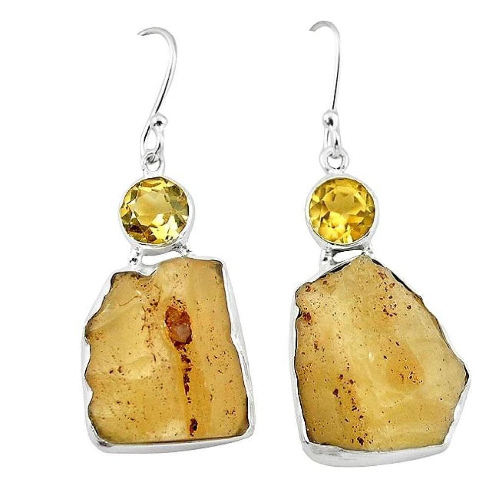 Natural libyan desert glass (gold tektite) 925 silver dangle earrings k77643