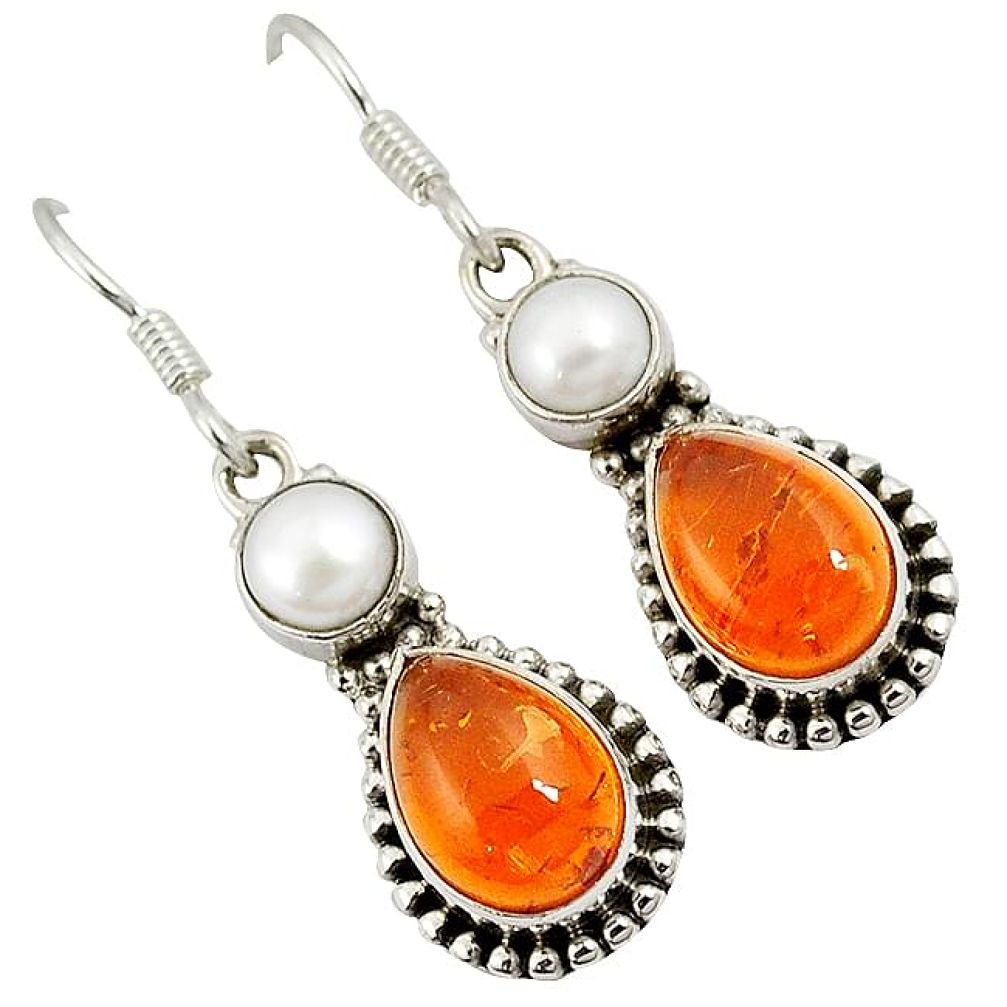 Authentic orange amber pearl 925 sterling silver dangle earrings jewelry k7965
