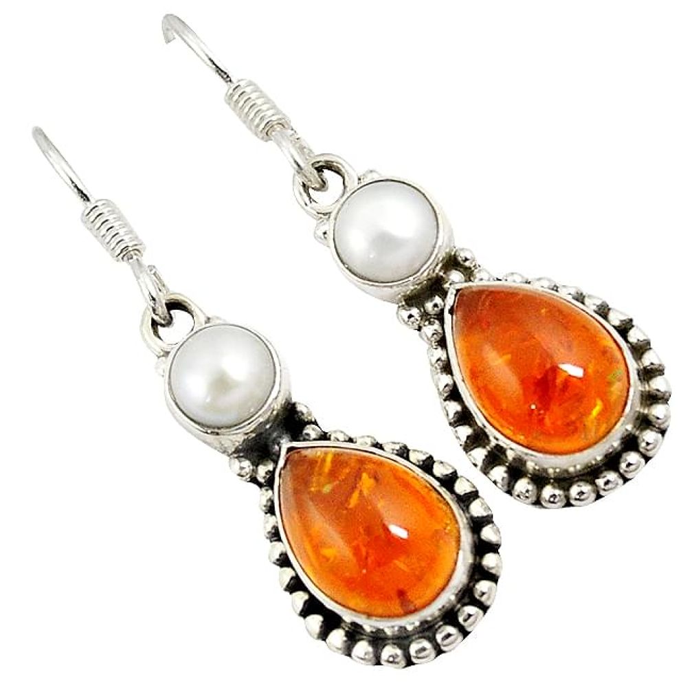 Orange amber pear shape pearl 925 sterling silver dangle earrings jewelry k7966