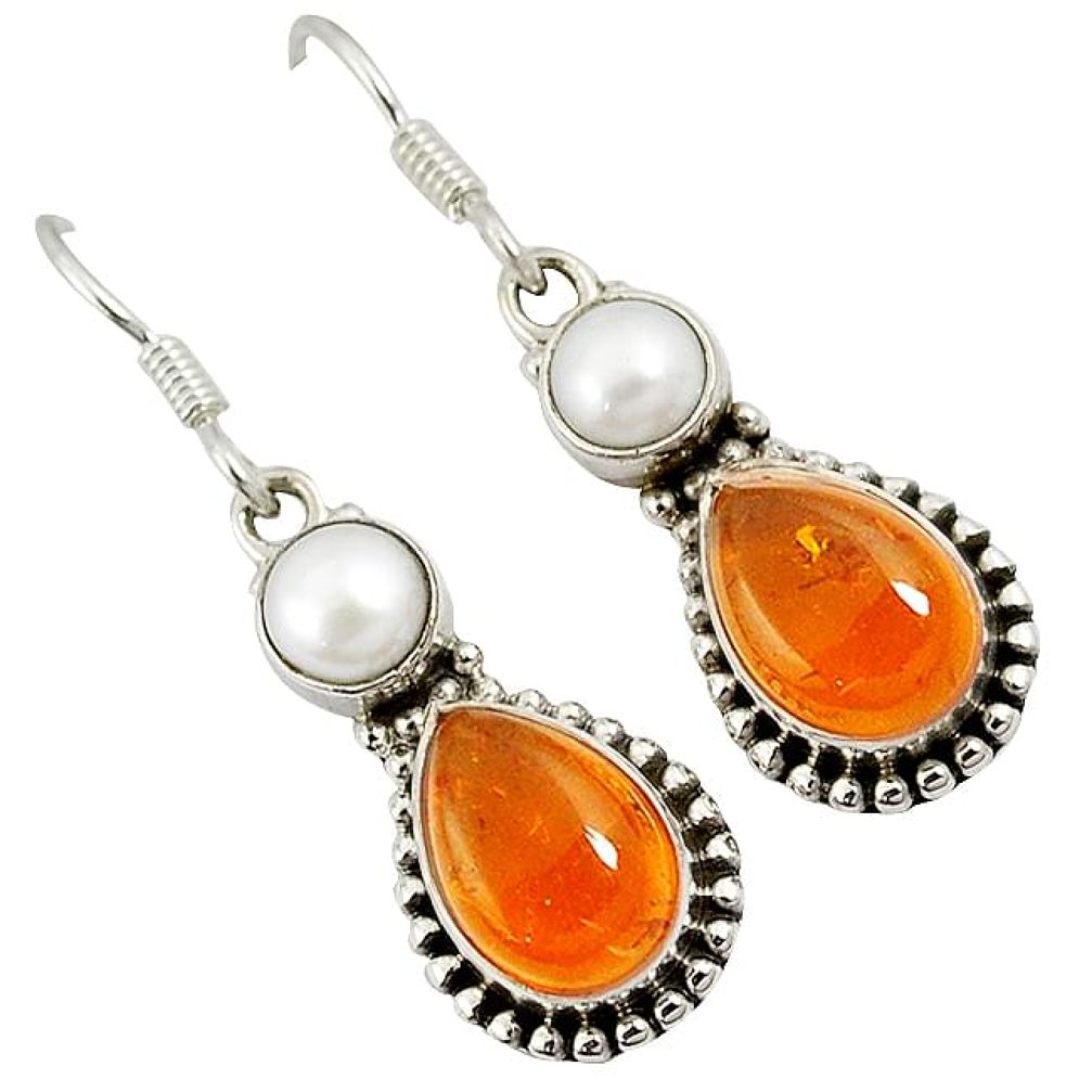 Authentic orange amber pearl 925 sterling silver dangle earrings jewelry k7983