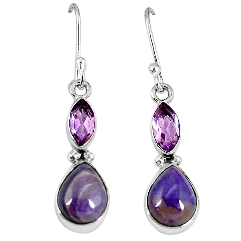 Natural purple charoite (siberian) amethyst 925 silver dangle earrings k81193