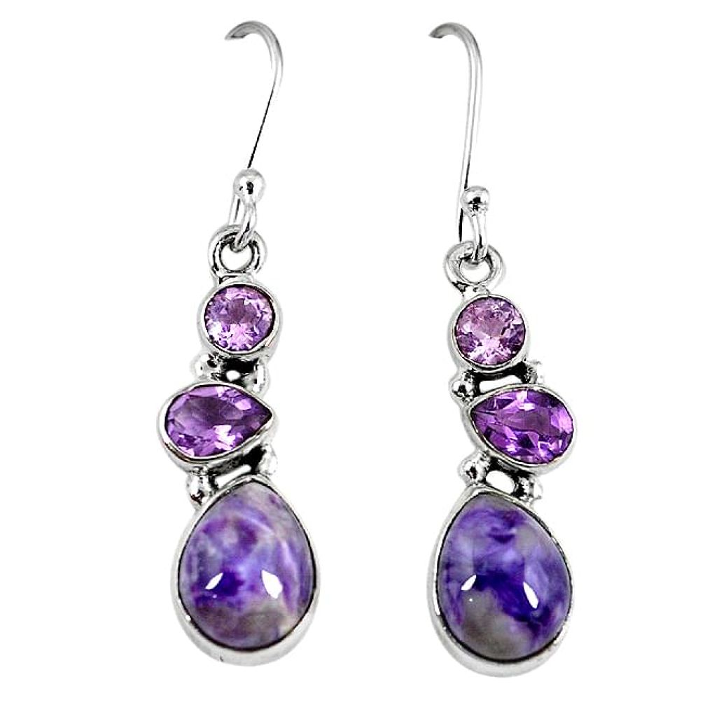 Natural purple charoite (siberian) amethyst 925 silver dangle earrings k81196