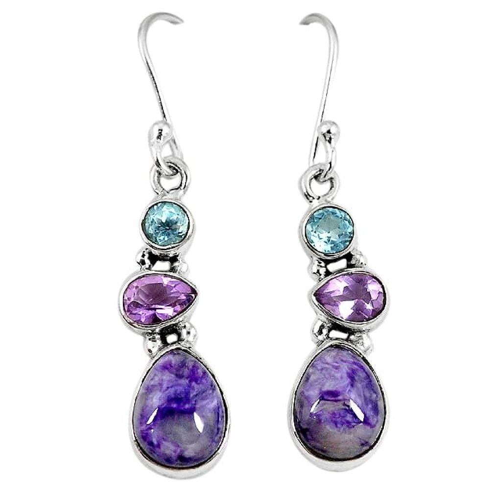 Natural purple charoite (siberian) amethyst 925 silver dangle earrings k81197
