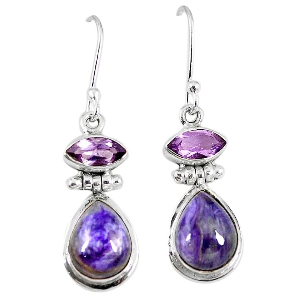 Natural purple charoite (siberian) 925 silver dangle earrings jewelry k81209