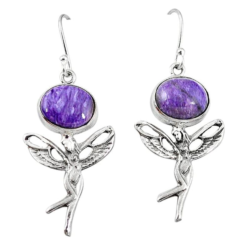 Natural purple charoite (siberian) 925 silver angel wings fairy earrings k84327