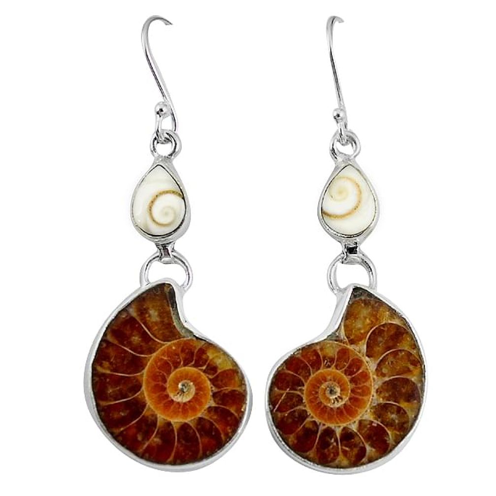 Natural brown ammonite fossil shiva eye 925 silver dangle earrings k84825