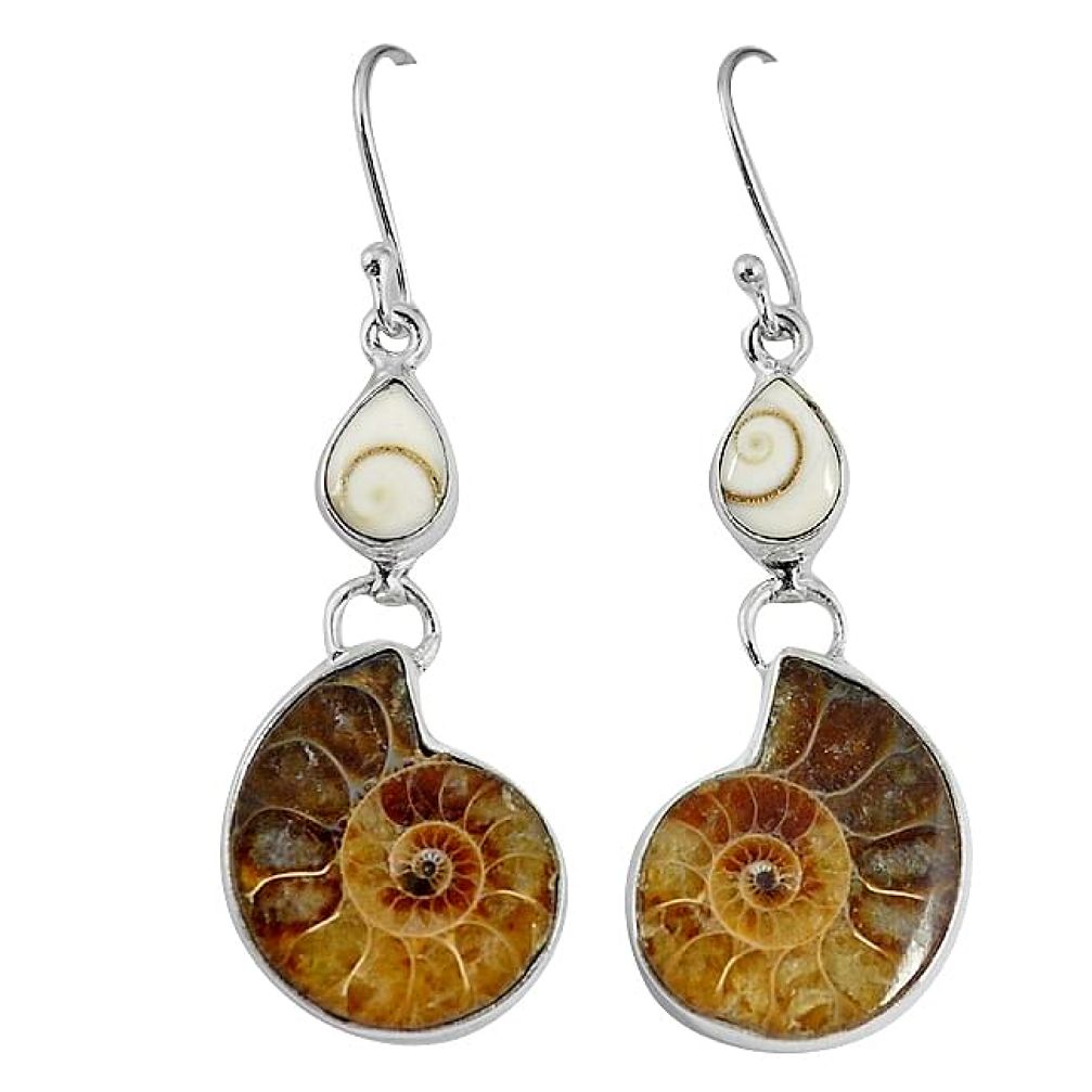 Natural brown ammonite fossil shiva eye 925 silver dangle earrings k84826