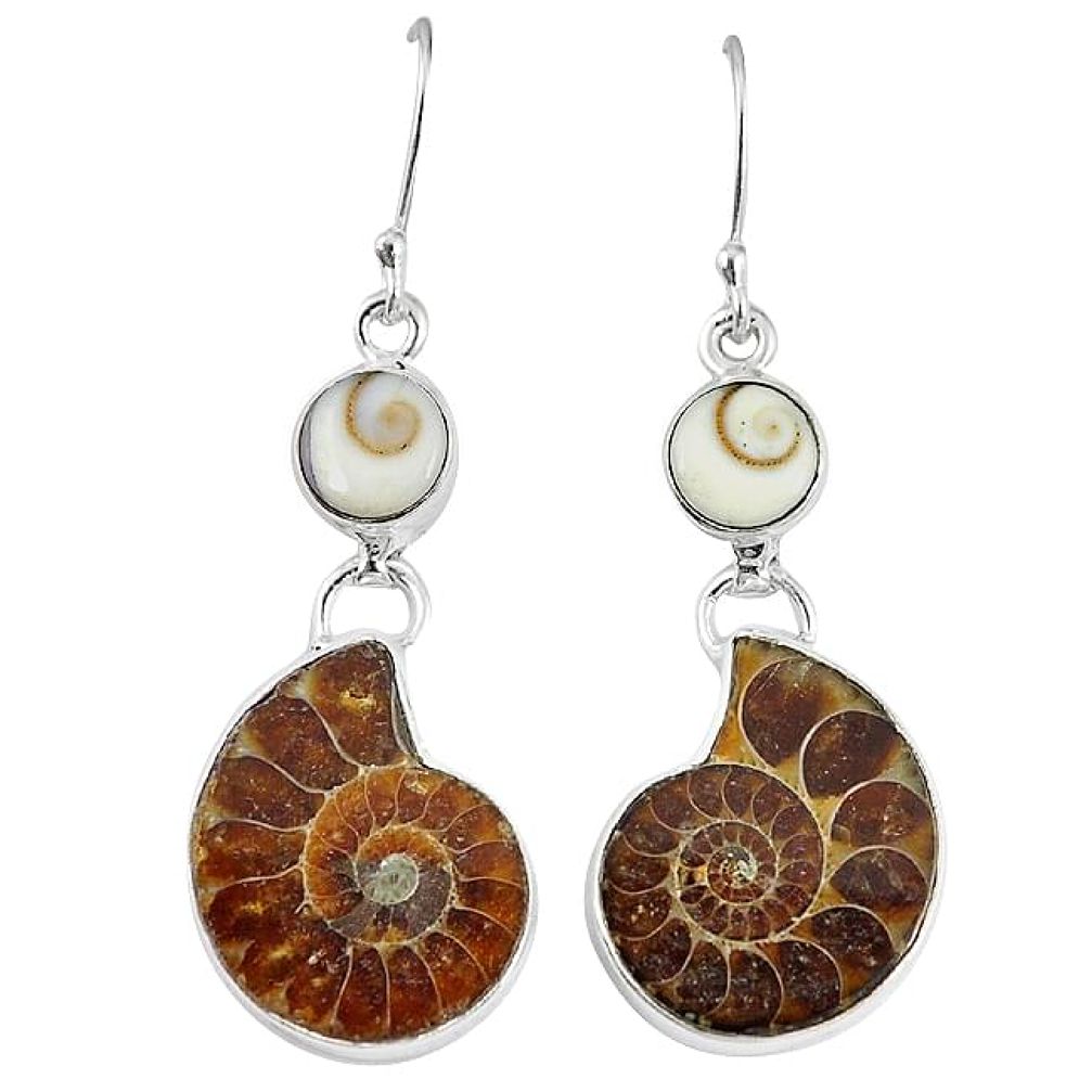 Natural brown ammonite fossil shiva eye 925 silver dangle earrings k84831