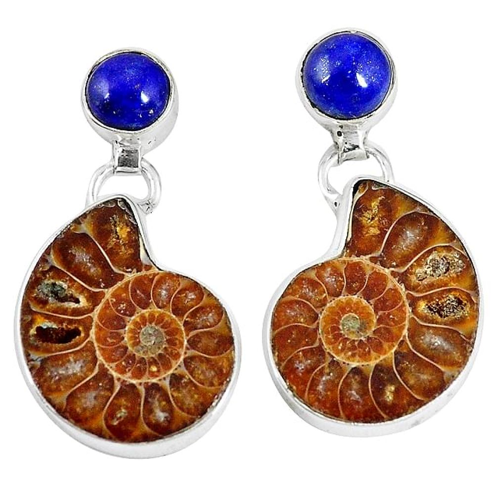 Natural brown ammonite fossil lapis 925 silver dangle earrings jewelry k84839