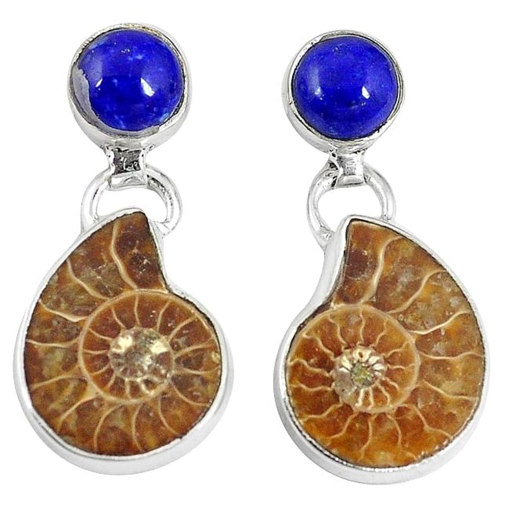 925 silver natural brown ammonite fossil lapis dangle earrings k84840