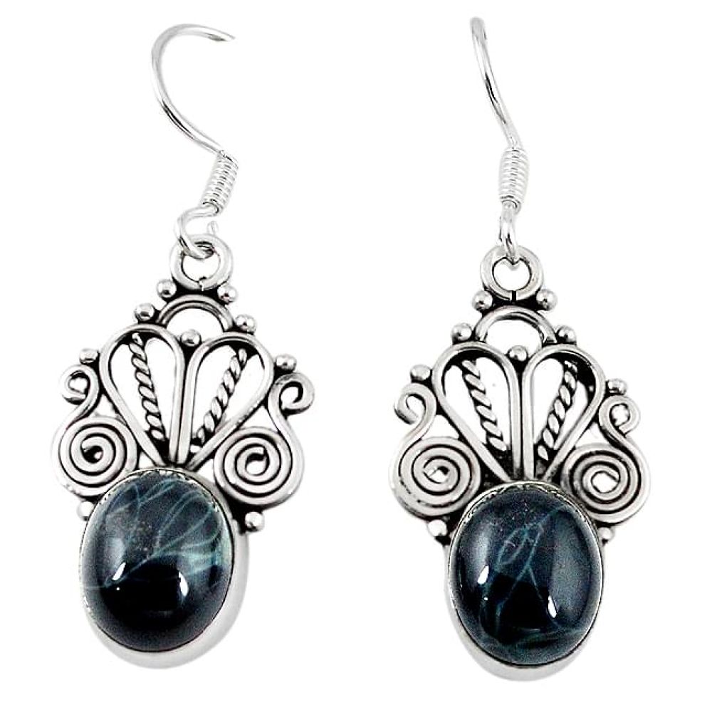 Natural black spider web obsidian 925 sterling silver dangle earrings k89615