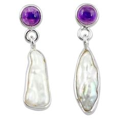 Natural white biwa pearl amethyst 925 silver dangle earrings jewelry k91006