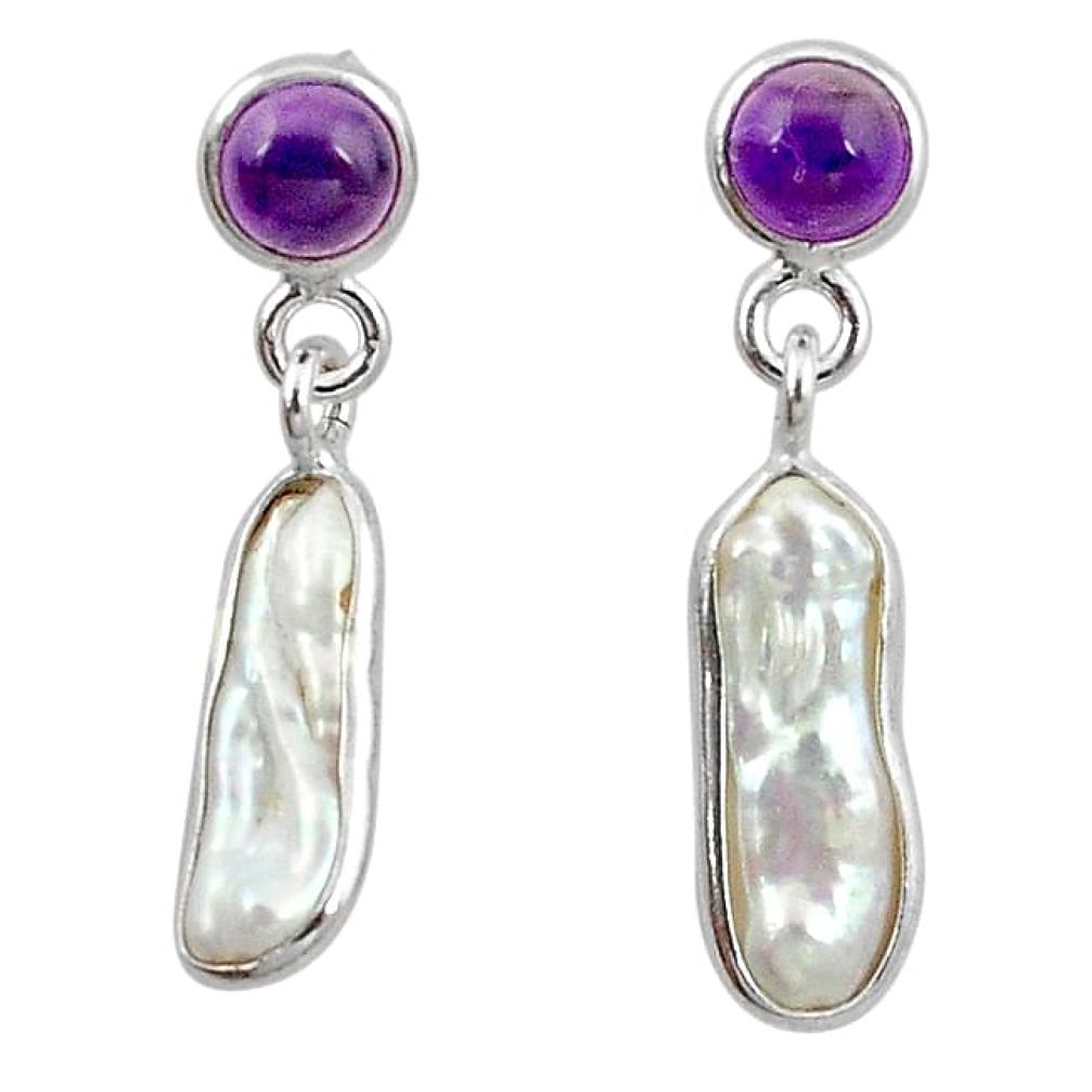Natural white biwa pearl amethyst 925 silver dangle earrings jewelry k91008