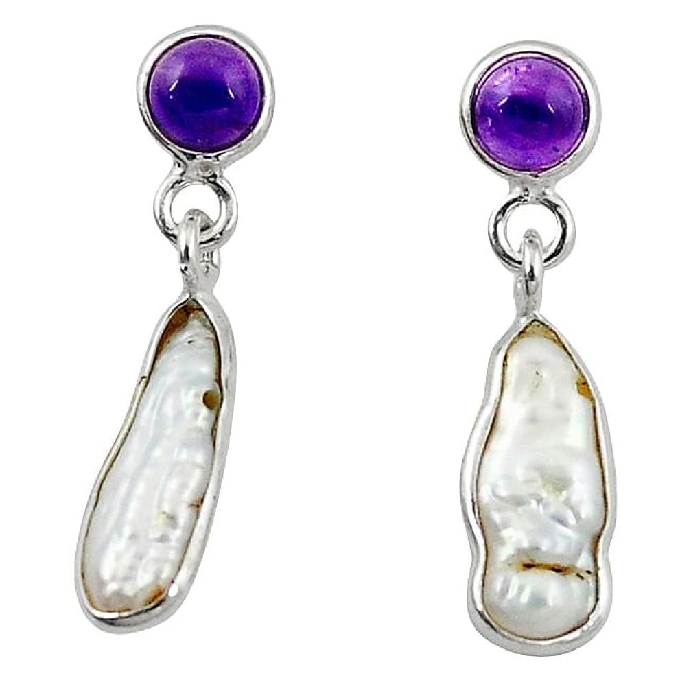 Natural white biwa pearl amethyst 925 silver dangle earrings jewelry k91013