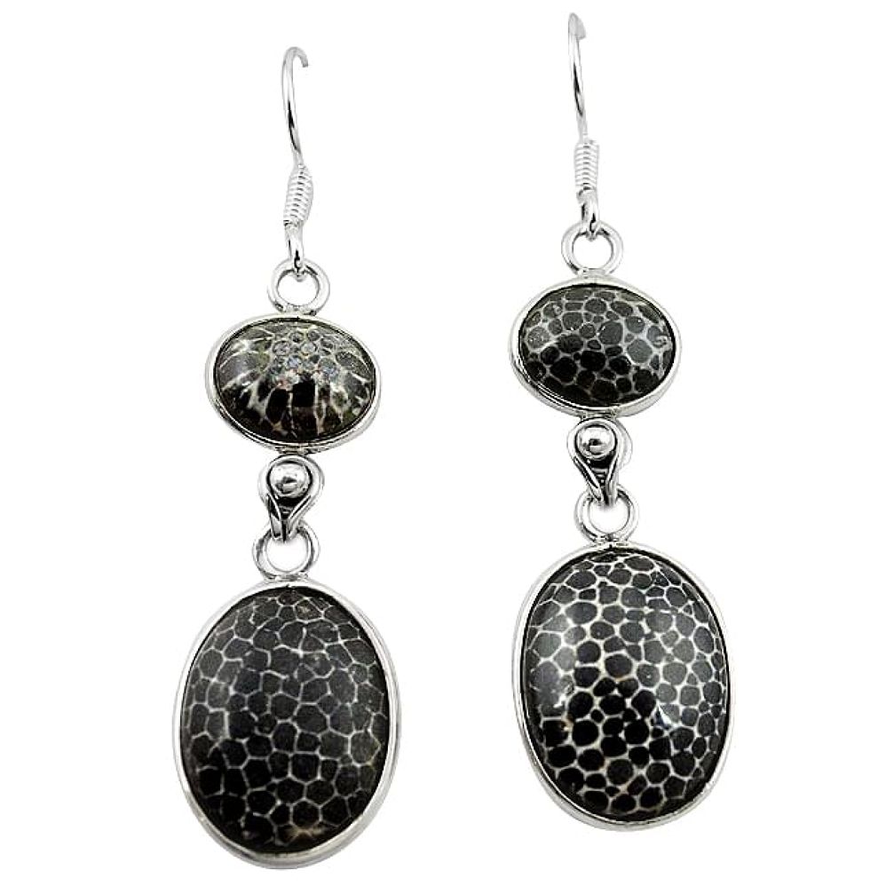 Natural black stingray coral from alaska 925 silver dangle earrings k91123