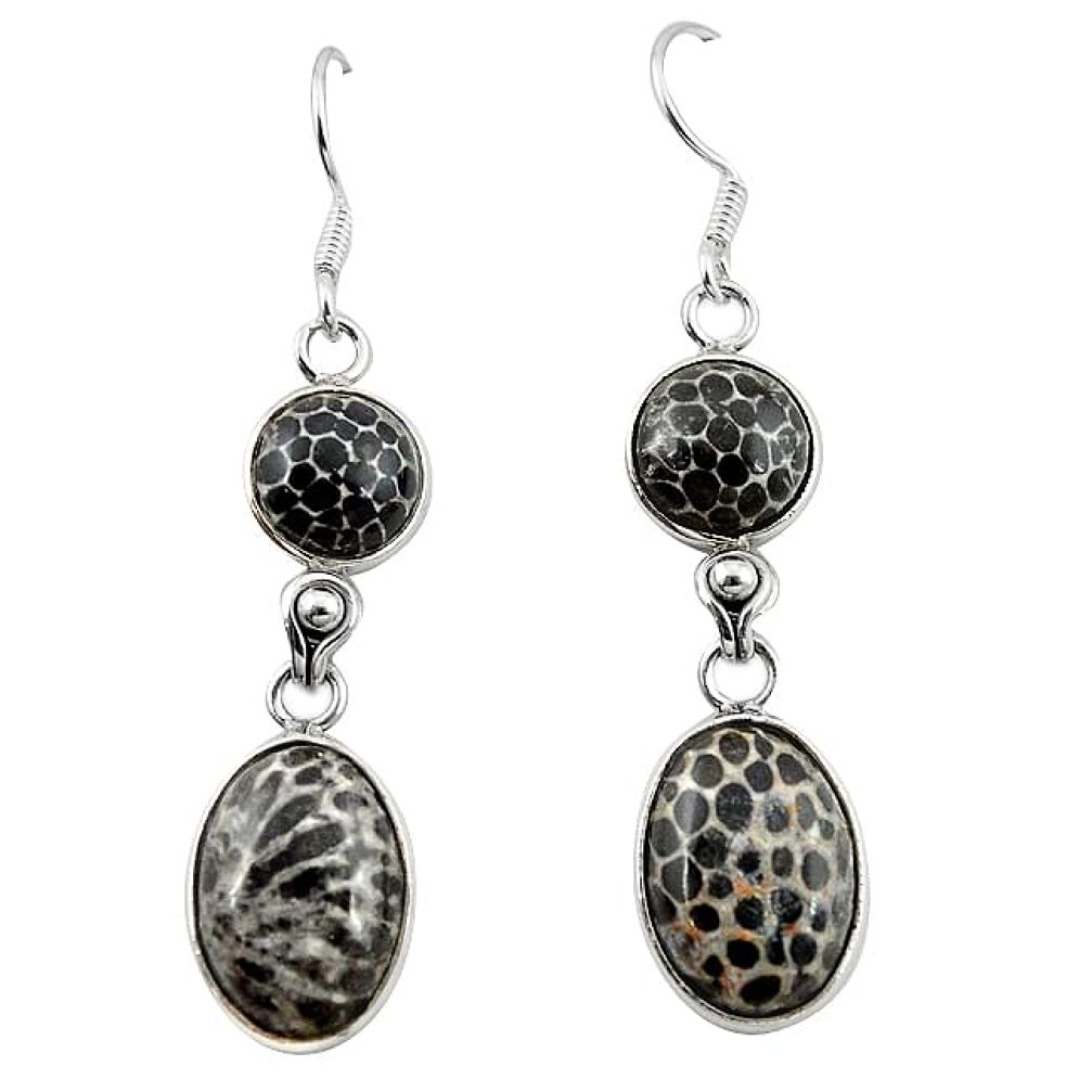 Natural black stingray coral from alaska 925 silver dangle earrings k91125