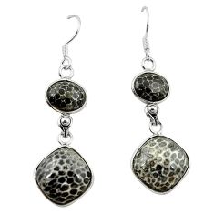 Natural black stingray coral from alaska 925 silver dangle earrings k91129